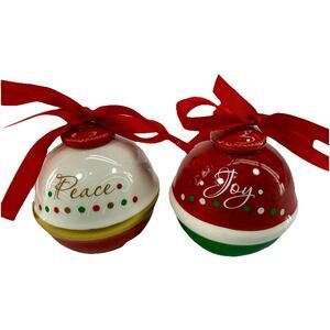 Set (2) Vintage Home Elements Ceramic Bell Ornaments 3" Red White Green Holidays